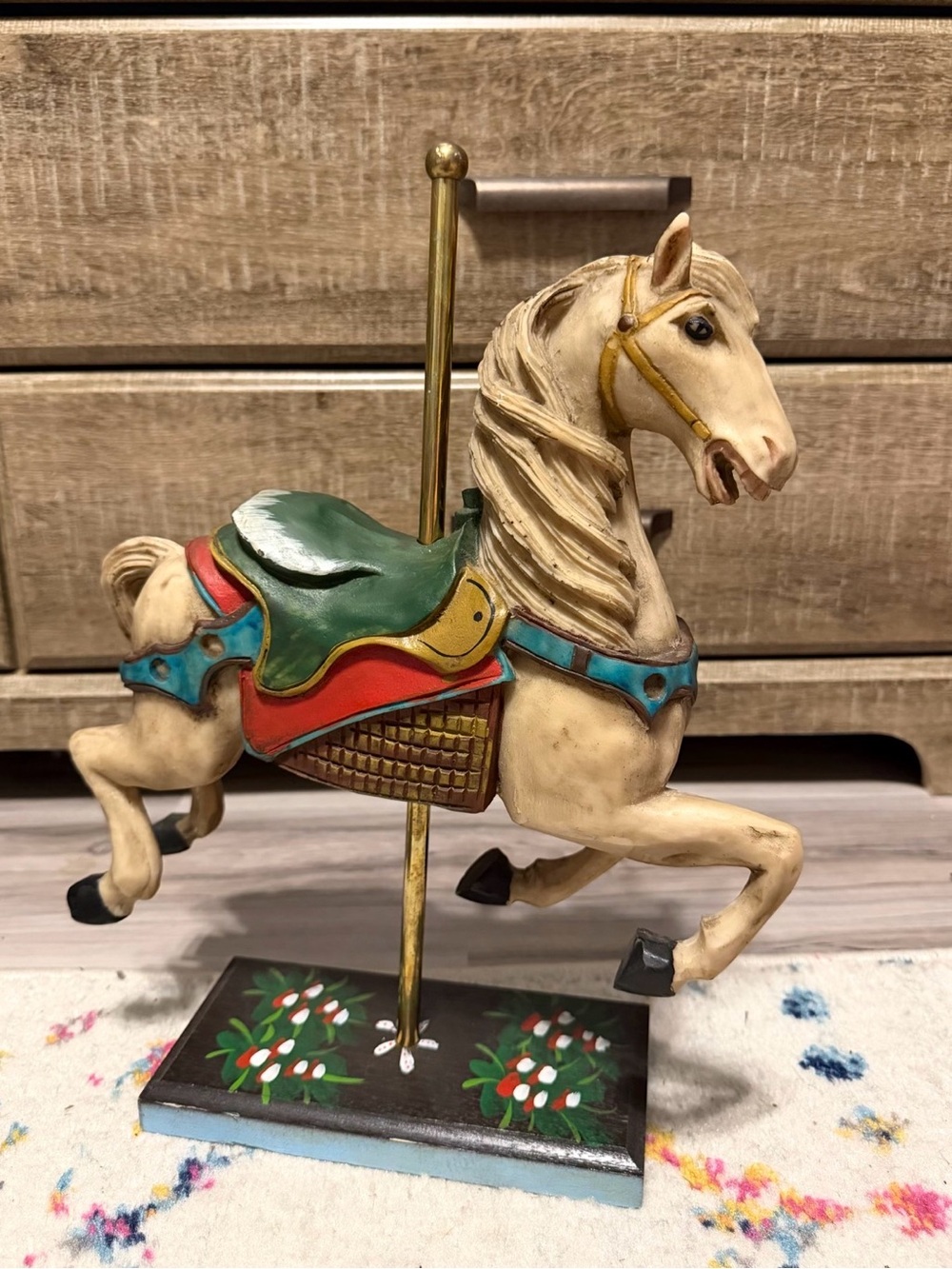 Vintage Carousel Horse Figurine in Cream, Green & Red